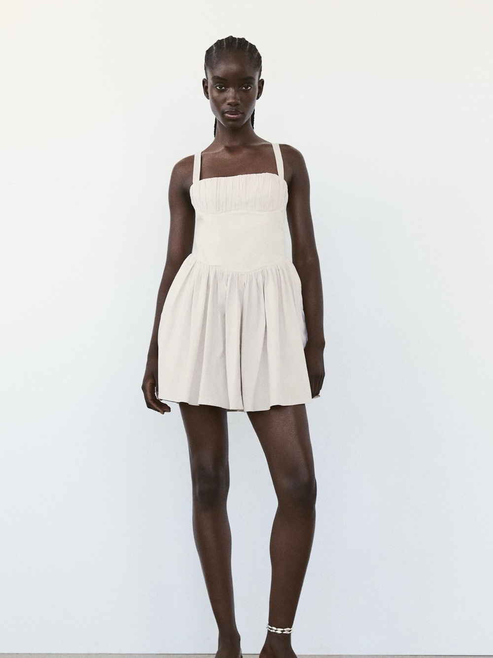 Zara Cream Square-Neck Mini Dress with Gathered Skirt